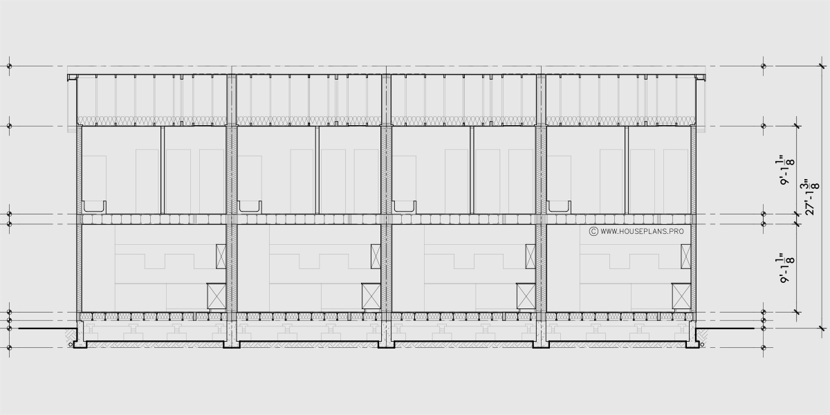 House rear elevation view for F-688 Efficient 4 unit town house plan F-688