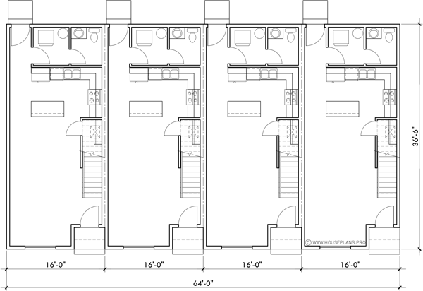 Main Floor Plan 2 for F-688 Efficient 4 unit town house plan F-688