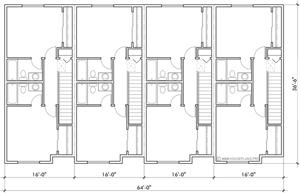 Upper Floor Plan 2 for Efficient 4 unit town house plan F-688