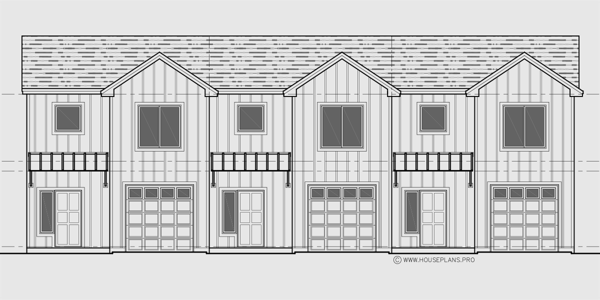 House side elevation view for T-463 Popular town house plan, three units