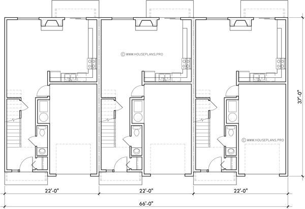 Main Floor Plan 2 for T-463 Popular town house plan, three units