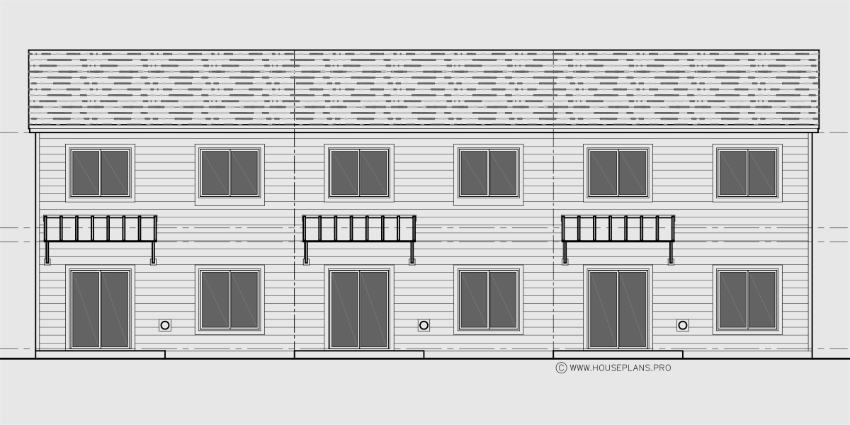 House rear elevation view for T-463 Popular town house plan, three units