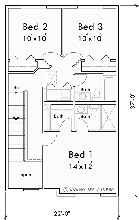 Upper Floor Plan for T-463 Popular town house plan, three units