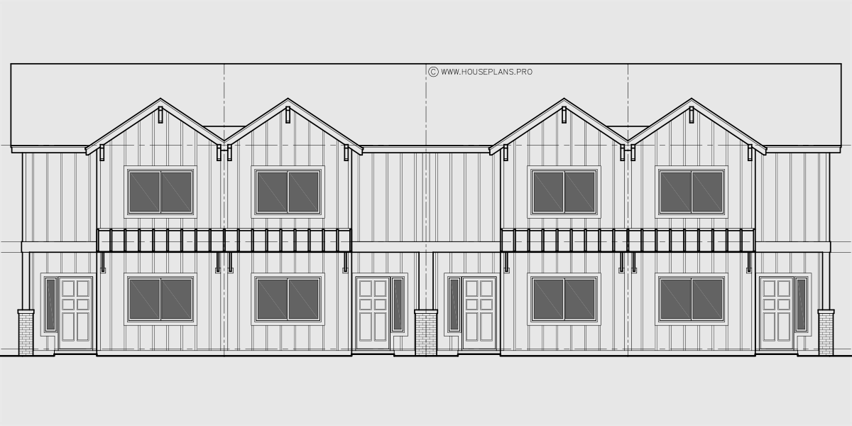 House side elevation view for F-687 Four plex town house plan with 3 master suites