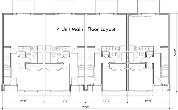 Main Floor Plan 2 for F-687 Four plex town house plan with 3 master suites