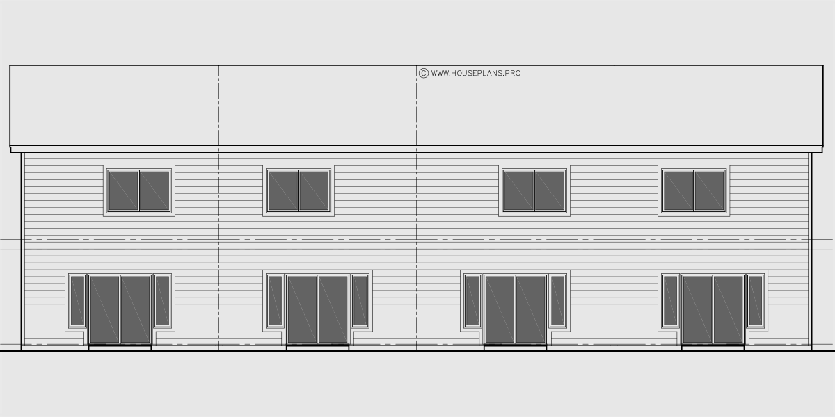 House rear elevation view for F-687 Four plex town house plan with 3 master suites