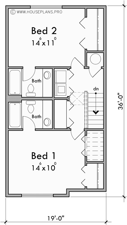 Upper Floor Plan for F-687 Four plex town house plan with 3 master suites