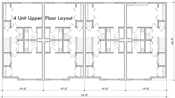 Upper Floor Plan 2 for Four plex town house plan with 3 master suites