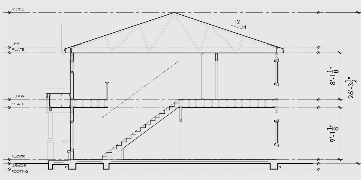 House rear elevation view for F-679 4 bedroom with main floor bedroom 4 plex