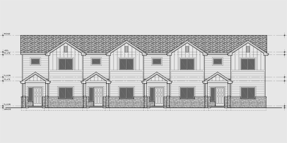 House front drawing elevation view for F-679 4 bedroom with main floor bedroom 4 plex