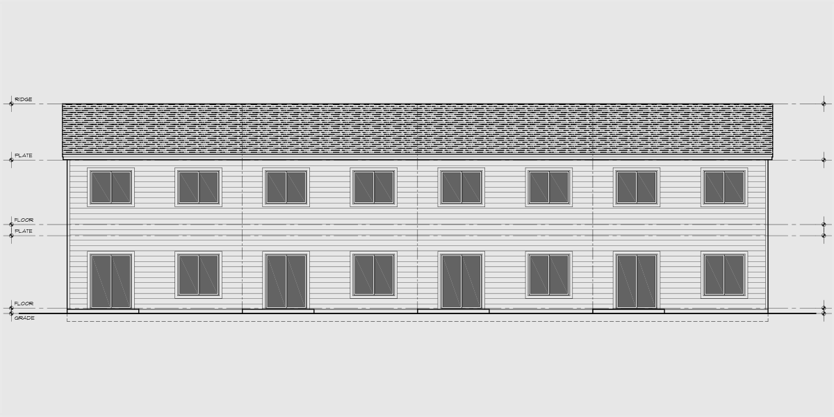 House rear elevation view for F-679 4 bedroom with main floor bedroom 4 plex