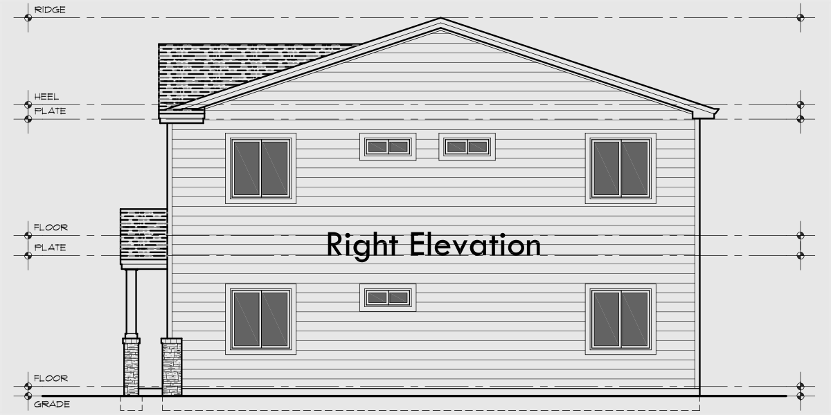 House rear elevation view for F-679 4 bedroom with main floor bedroom 4 plex