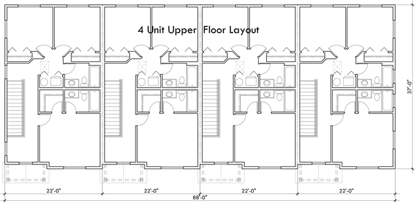 Upper Floor Plan 2 for 4 bedroom with main floor bedroom 4 plex