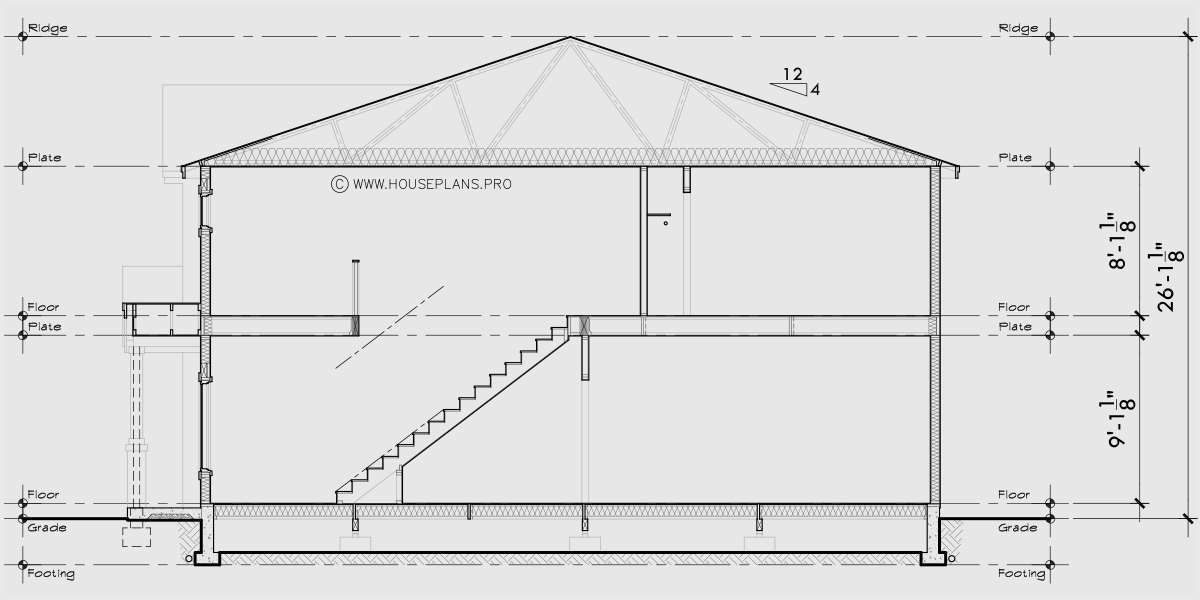 House rear elevation view for F-673 24 foot wide town house plan