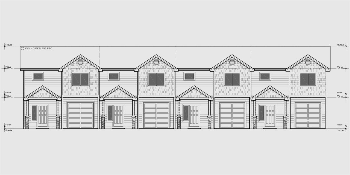 House front drawing elevation view for F-673 24 foot wide town house plan