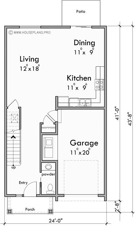 Main Floor Plan for F-673 24 foot wide town house plan