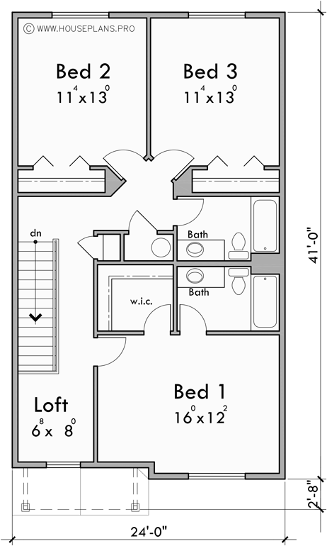 Upper Floor Plan for F-673 24 foot wide town house plan