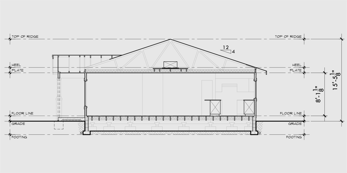 House rear elevation view for T-462 One level triplex two bedroom 2 bath 