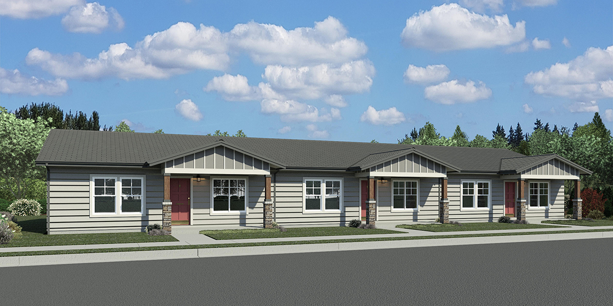 House front color elevation view for T-462 One level triplex two bedroom 2 bath 