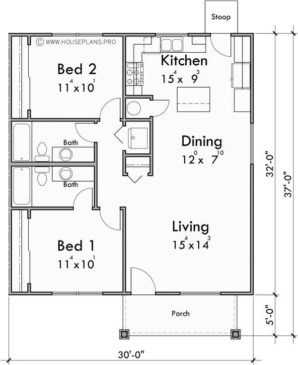 Main Floor Plan for T-462 One level triplex two bedroom 2 bath 