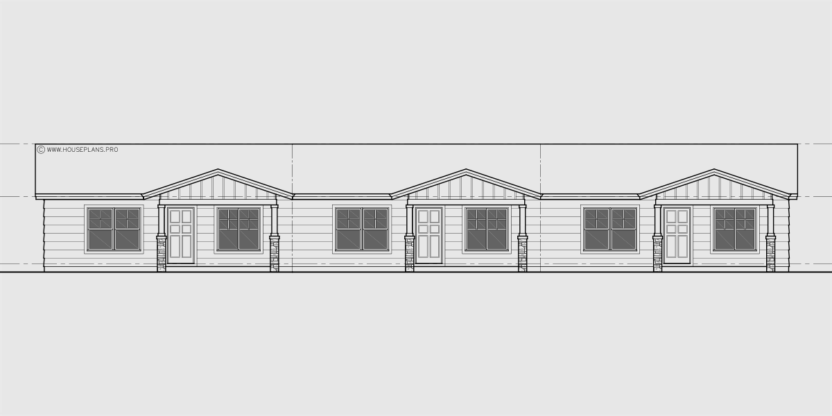 House front drawing elevation view for T-462 One level triplex two bedroom 2 bath 