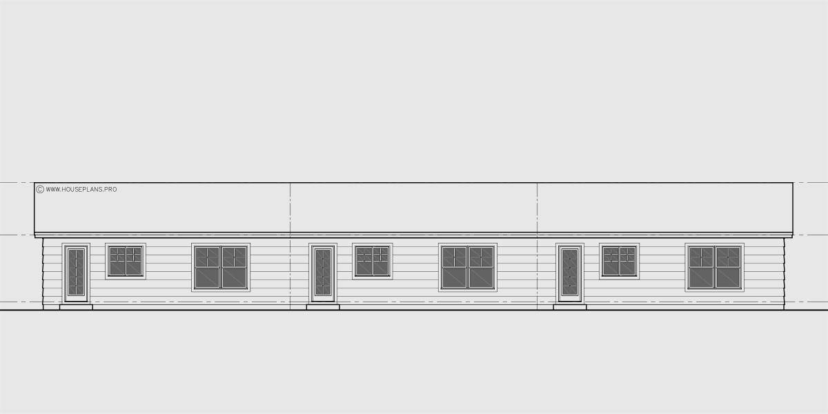 House side elevation view for T-462 One level triplex two bedroom 2 bath 