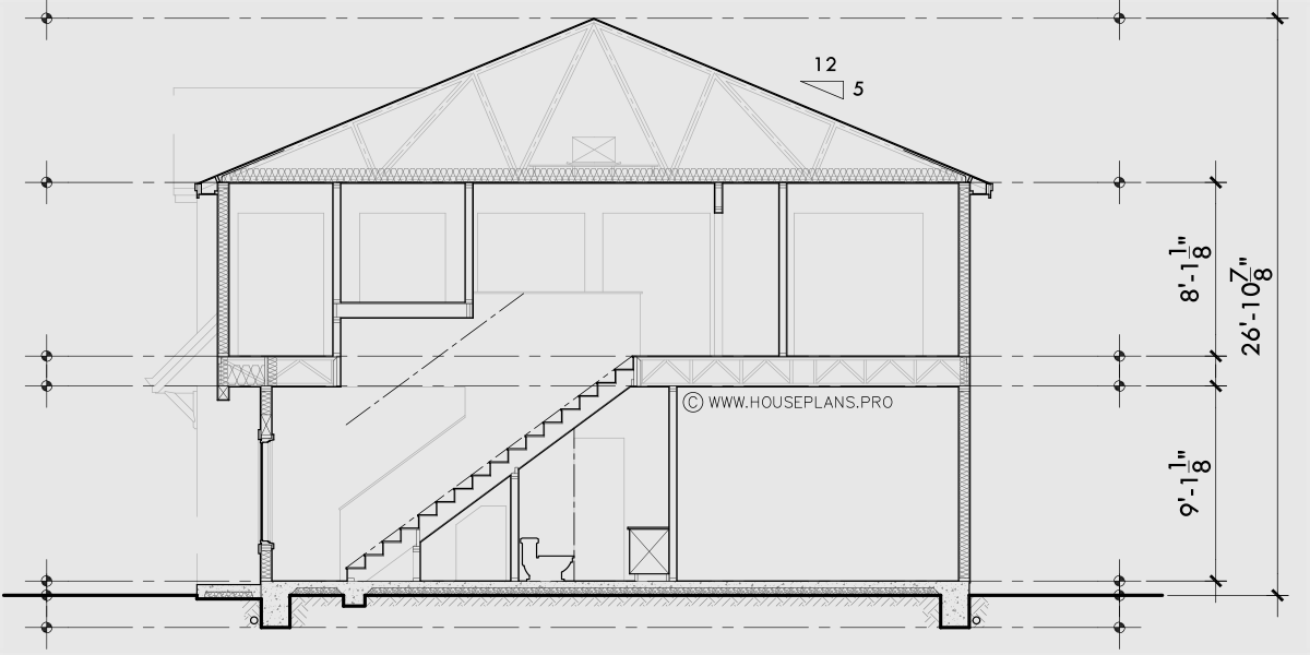 House rear elevation view for T-461 Triplex town house plan 2 master bedrooms and garage