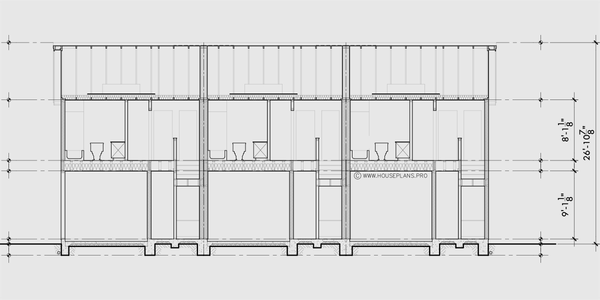 House rear elevation view for T-461 Triplex town house plan 2 master bedrooms and garage