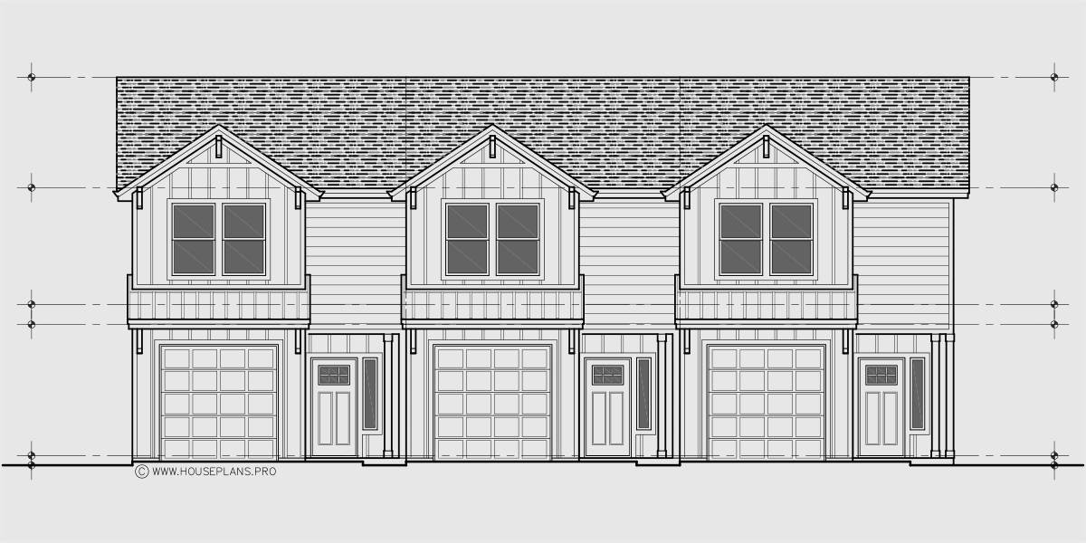 House front drawing elevation view for T-461 Triplex town house plan 2 master bedrooms and garage