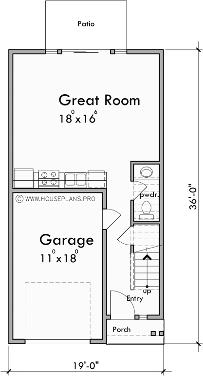 Main Floor Plan for T-461 Triplex town house plan 2 master bedrooms and garage