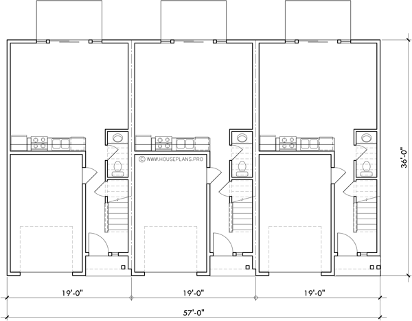 Main Floor Plan 2 for T-461 Triplex town house plan 2 master bedrooms and garage