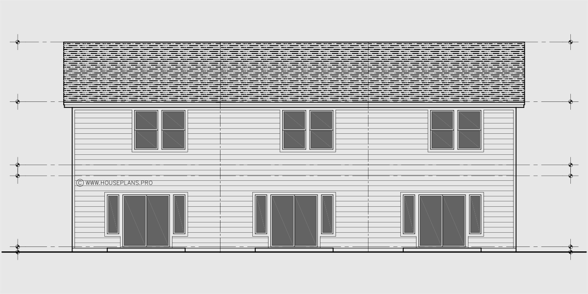 House side elevation view for T-461 Triplex town house plan 2 master bedrooms and garage