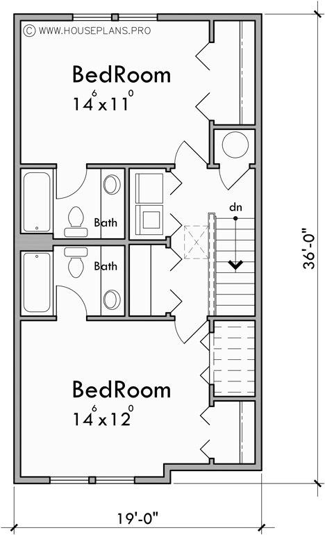 Upper Floor Plan for T-461 Triplex town house plan 2 master bedrooms and garage