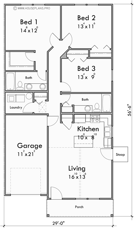 Main Floor Plan for D-763 One level town house duplex plan