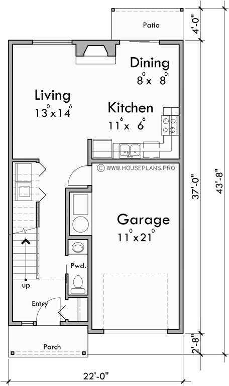 Main Floor Plan for F-689 Town house plan 22 ft wide units 