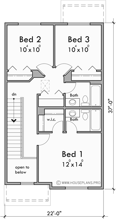 Upper Floor Plan for F-689 Town house plan 22 ft wide units 