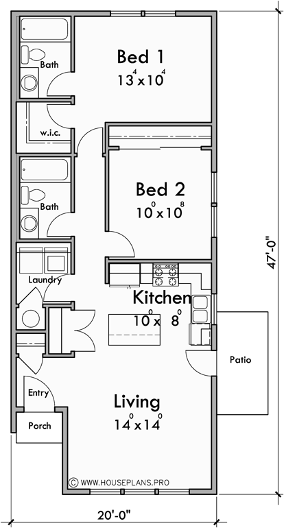 Main Floor Plan for D-780 New one story 2 bedroom 2 bath duplex plan