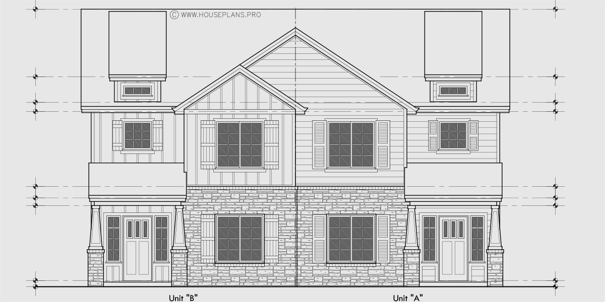 House side elevation view for D-786 4 bedroom master on the main floor duplex house plan