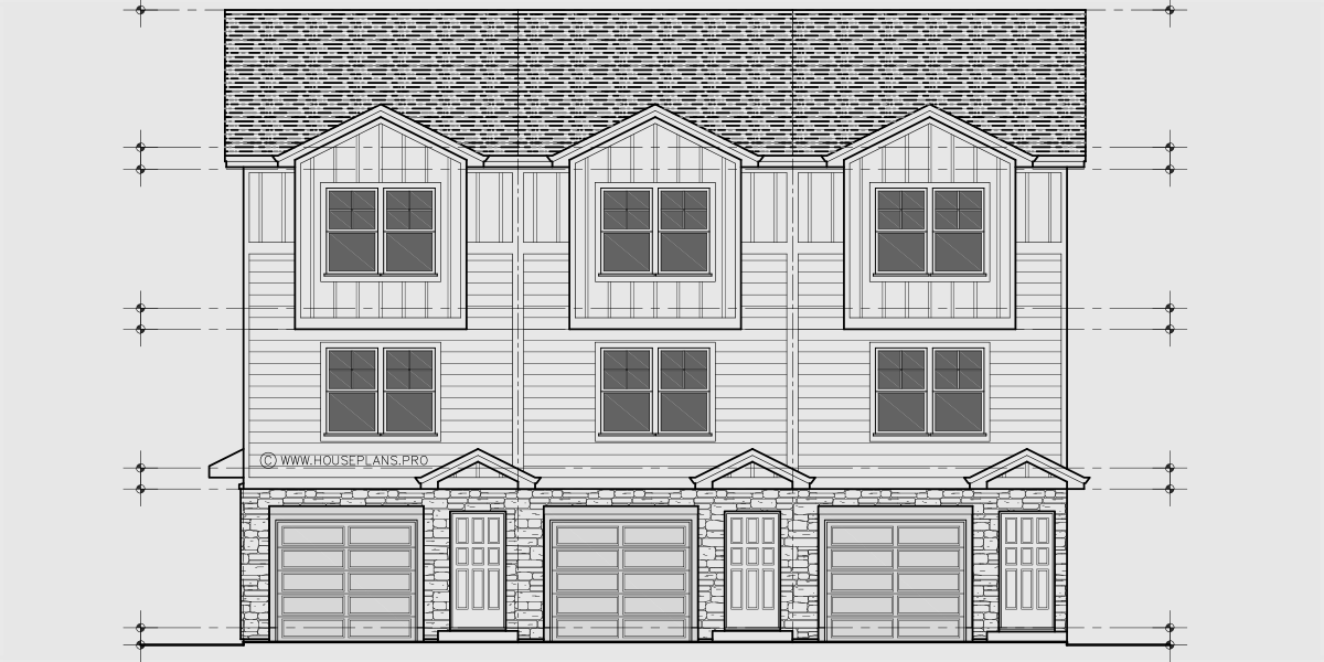 House side elevation view for T-468 16 ft wide x 30 ft deep town house plan