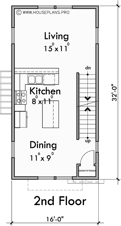 Main Floor Plan for T-468 16 ft wide x 30 ft deep town house plan