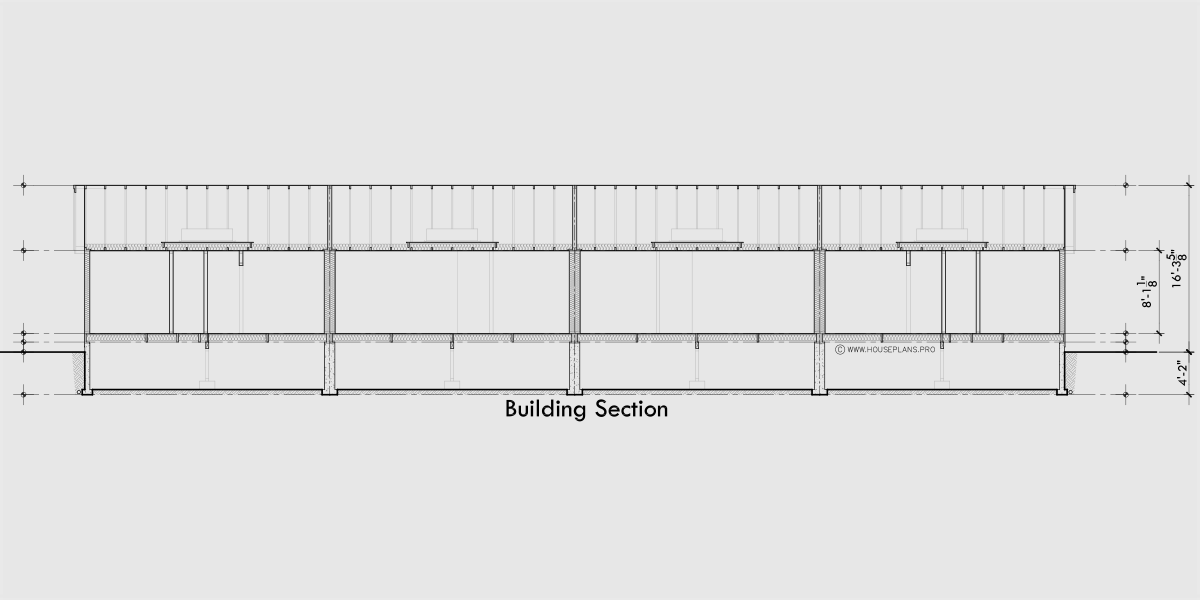 House rear elevation view for F-714 One level four plex with air lock