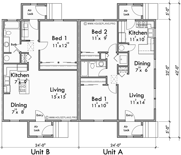 Main Floor Plan for F-714 One level four plex with air lock