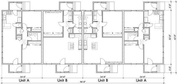 Main Floor Plan 2 for F-714 One level four plex with air lock