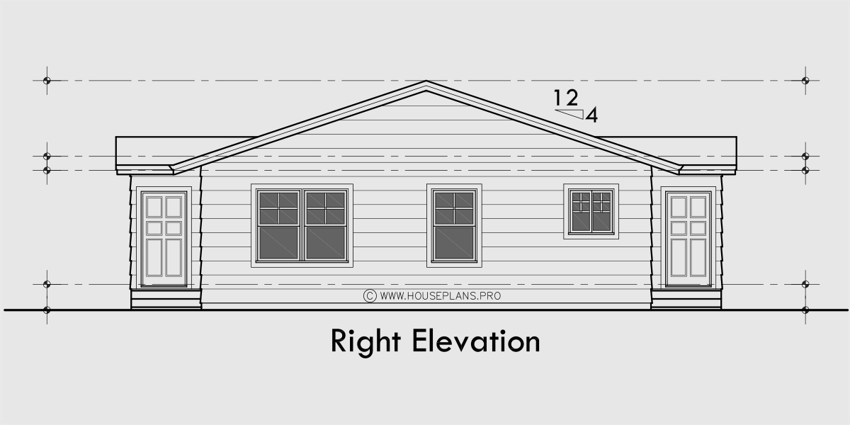 House rear elevation view for F-714 One level four plex with air lock