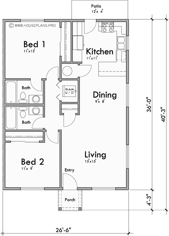 Main Floor Plan for D-793 Ranch one level duplex house plan 2 bedroom 2 bathroom D-793