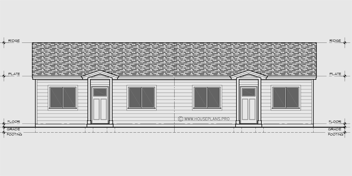House front drawing elevation view for D-793 Ranch one level duplex house plan 2 bedroom 2 bathroom D-793