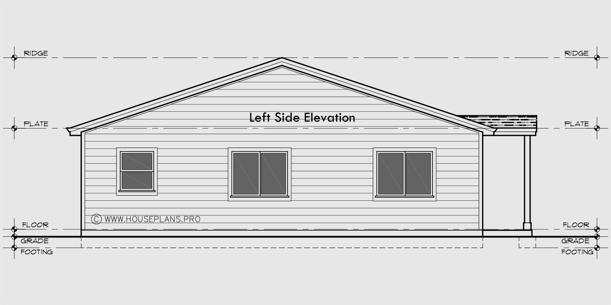 House rear elevation view for D-793 Ranch one level duplex house plan 2 bedroom 2 bathroom D-793