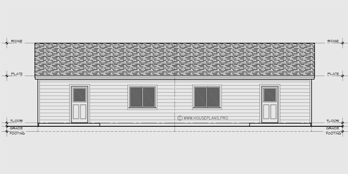 House side elevation view for D-793 Ranch one level duplex house plan 2 bedroom 2 bathroom D-793