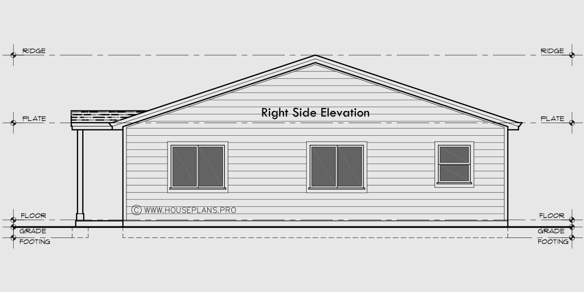 House rear elevation view for D-793 Ranch one level duplex house plan 2 bedroom 2 bathroom D-793